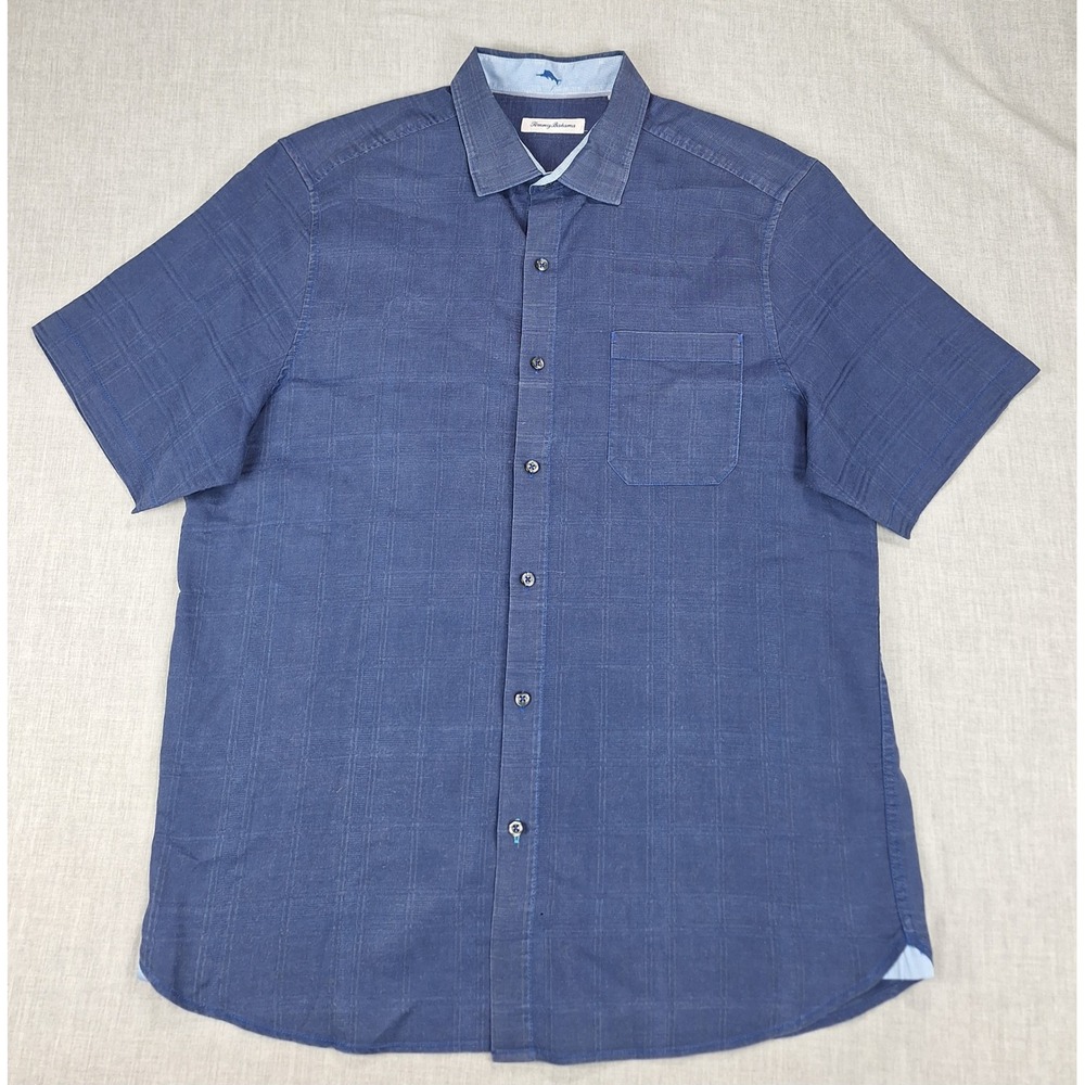 Tommy Bahama Mens XL Linen Blend Short Sleeve Button Down Shirt Navy Tonal Check